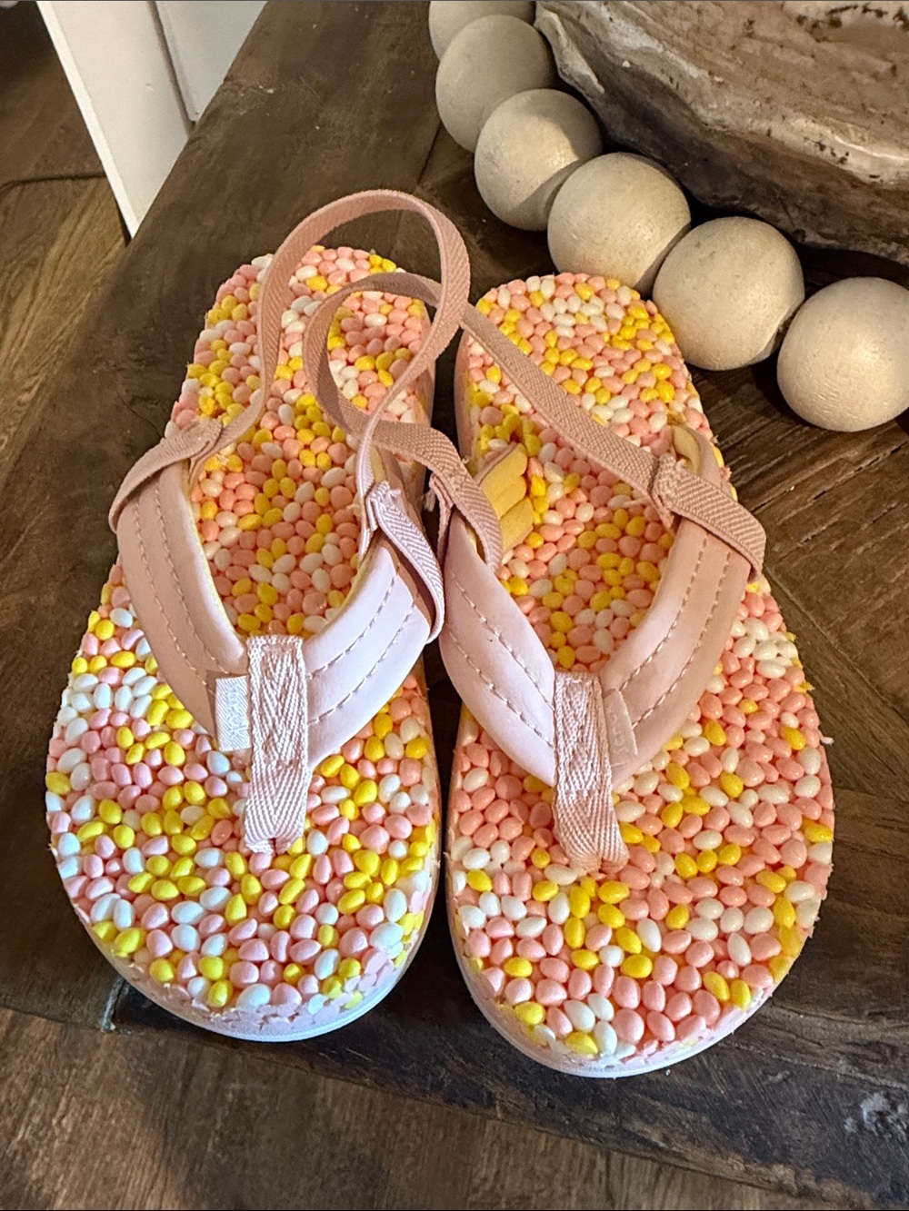 Sanuk Kids Pink Bead-Top Flip Flops with Yellow & White Accents